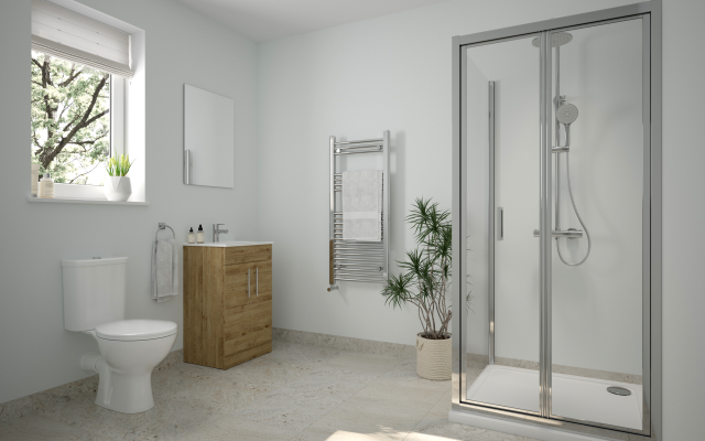 STRATA Round Thermostatic Shower STRATA 900mm Bi-Fold Door KRISTAL Low Profile Square Shower Tray 900x900mm STRAIGHT Ladder Towel Warmer STRATA 50cm Floorstanding Two Door Vanity Unit 1