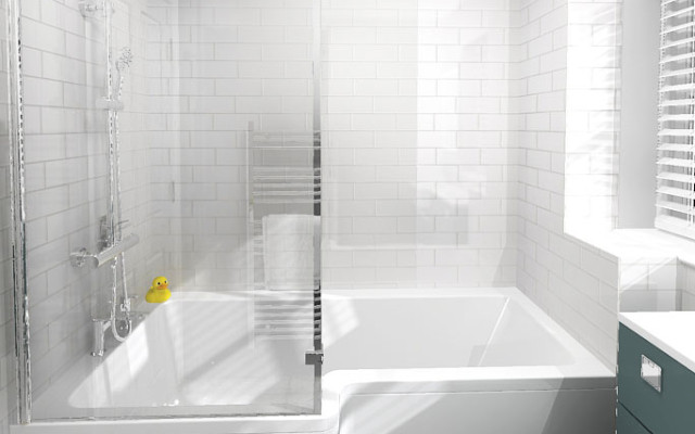A modern bathroom featuring a sleek shower and bath combination with a stylish design.